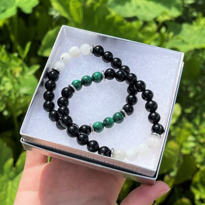 Pulsera de cuentas de piedra lunar, malaquita y obsidiana de Olivenorma 