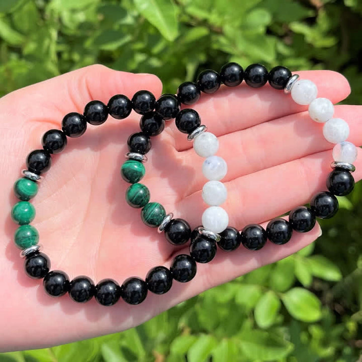 Pulsera de cuentas de piedra lunar, malaquita y obsidiana de Olivenorma 