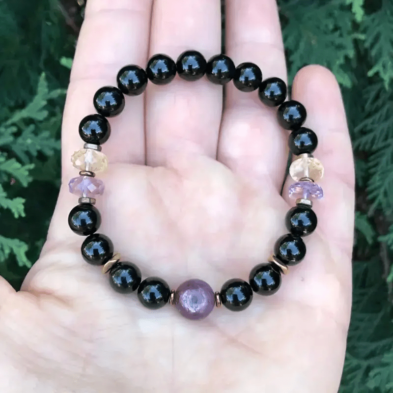 Pulsera de cuentas de amatista y obsidiana de 8 mm de Olivenorma 