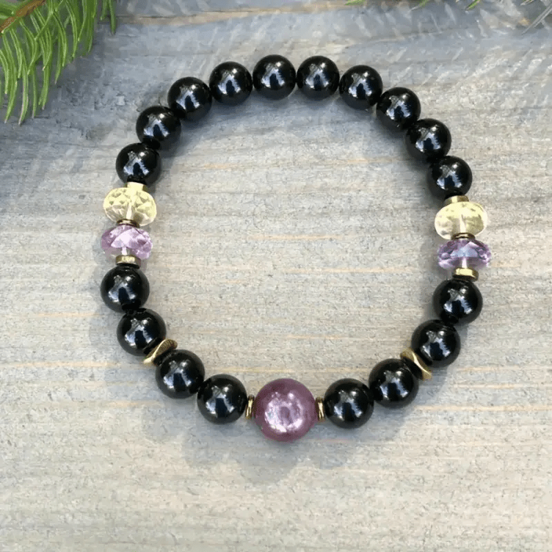 Pulsera de cuentas de amatista y obsidiana de 8 mm de Olivenorma 