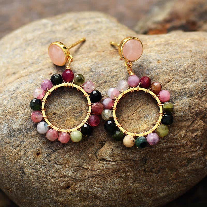 Pendientes colgantes de cuarzo rosa y turmalina natural de Olivenorma