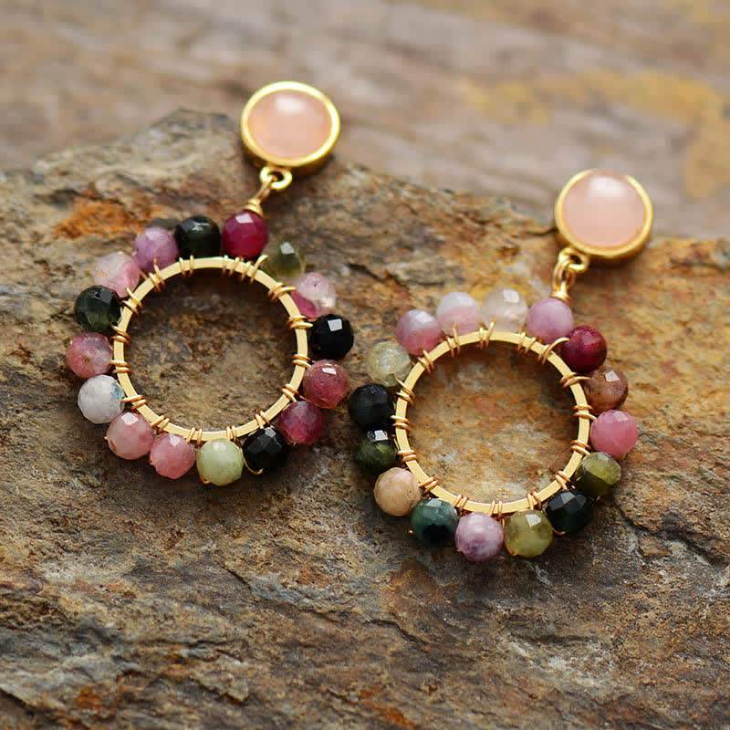 Pendientes colgantes de cuarzo rosa y turmalina natural de Olivenorma