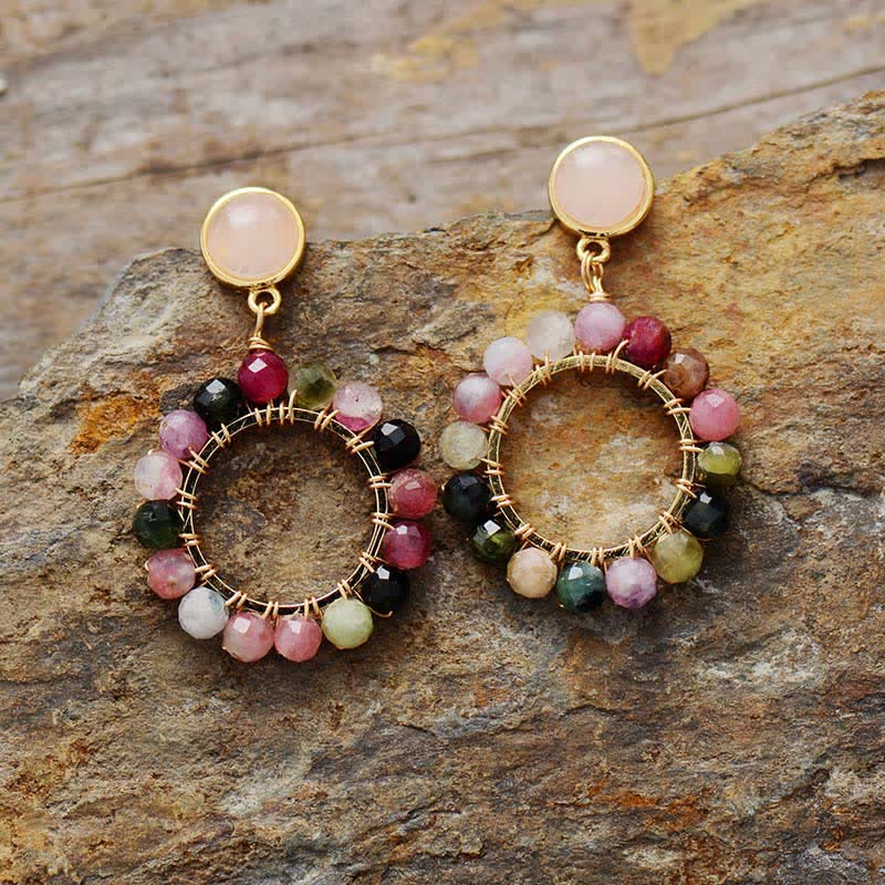 Pendientes colgantes de cuarzo rosa y turmalina natural de Olivenorma