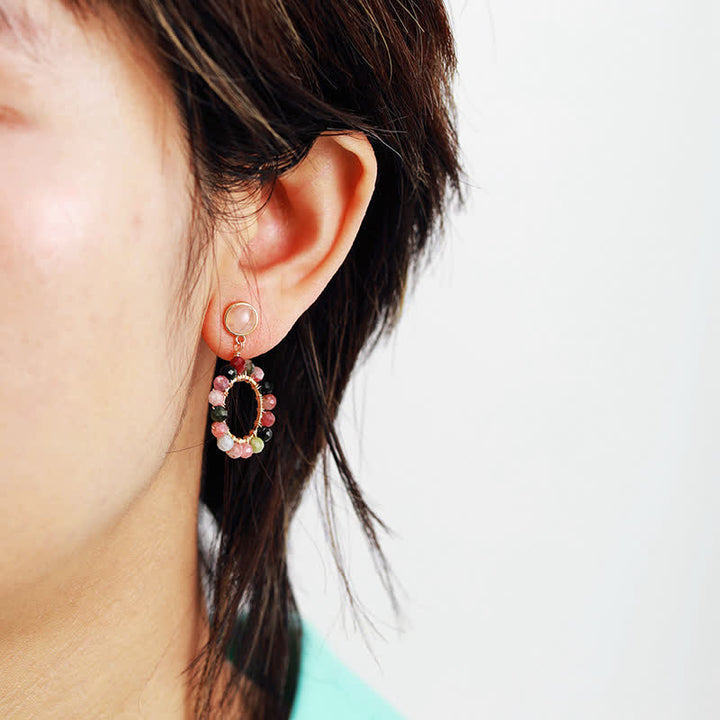 Pendientes colgantes de cuarzo rosa y turmalina natural de Olivenorma