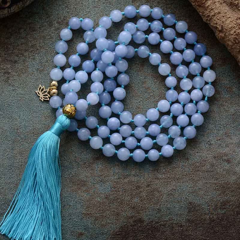 Collar rosario con borlas y 108 cuentas de mala de aguamarina de Olivenorma 