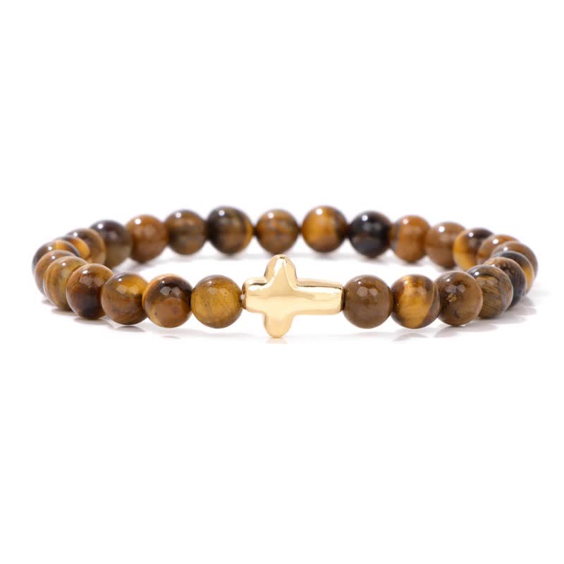 Pulsera con colgante de cruz de cuentas de piedra natural de 6 mm de Olivenorma 