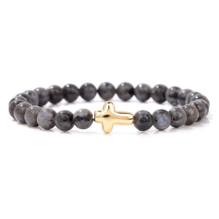 Pulsera con colgante de cruz de cuentas de piedra natural de 6 mm de Olivenorma 
