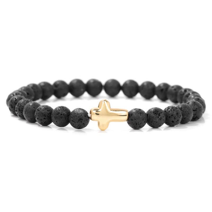 Pulsera con colgante de cruz de cuentas de piedra natural de 6 mm de Olivenorma 