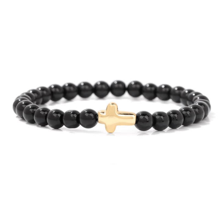 Pulsera con colgante de cruz de cuentas de piedra natural de 6 mm de Olivenorma 