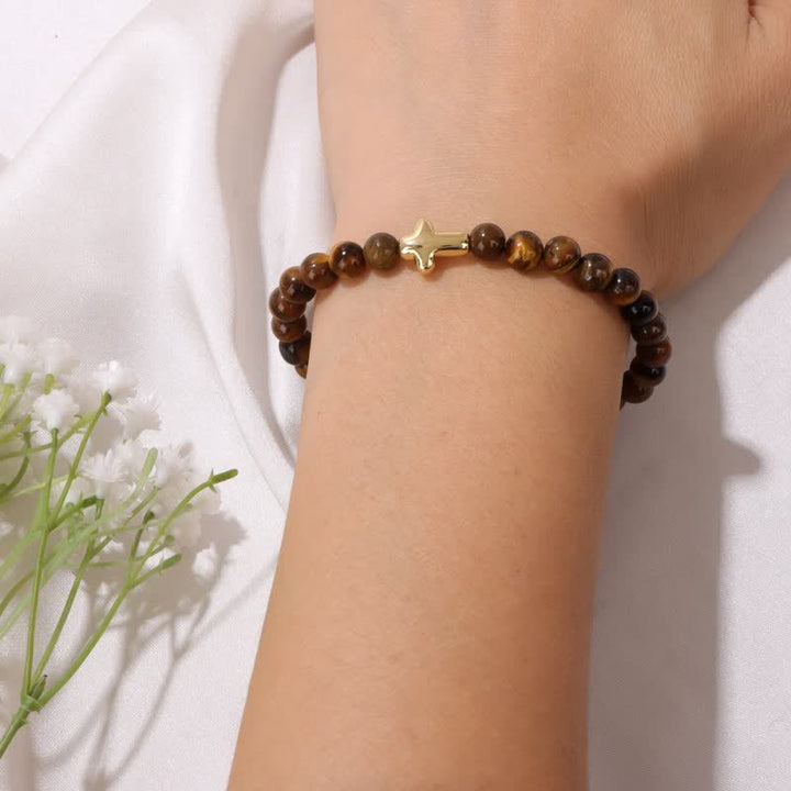 Pulsera con colgante de cruz de cuentas de piedra natural de 6 mm de Olivenorma 