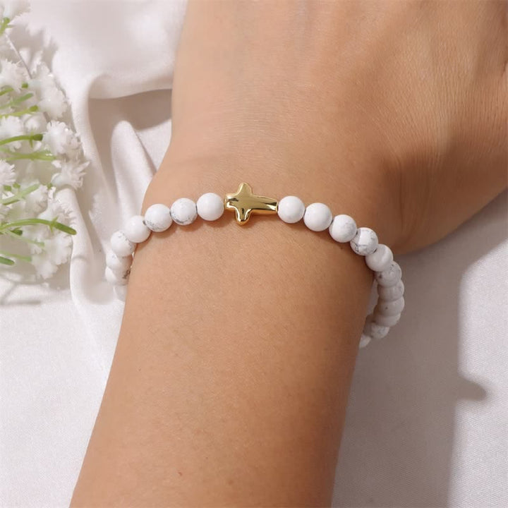 Pulsera con colgante de cruz de cuentas de piedra natural de 6 mm de Olivenorma 