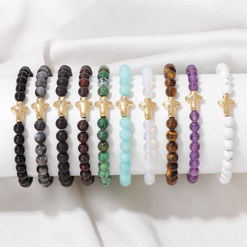 Pulsera con colgante de cruz de cuentas de piedra natural de 6 mm de Olivenorma 