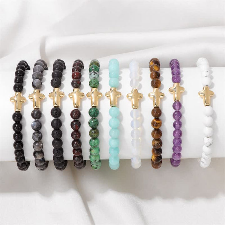 Pulsera con colgante de cruz de cuentas de piedra natural de 6 mm de Olivenorma 
