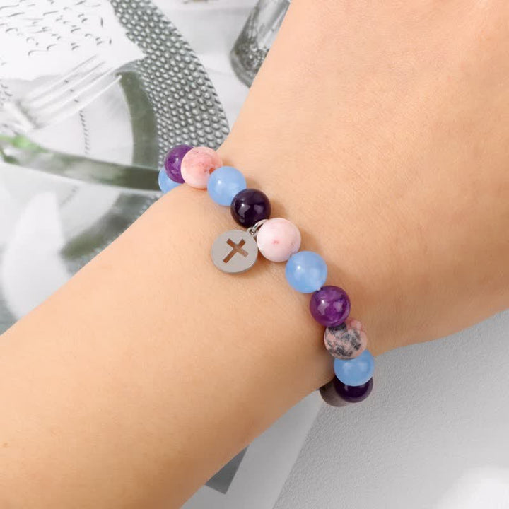 Pulsera con colgante de cruz de cuentas de piedra natural de 8 mm de Olivenorma
