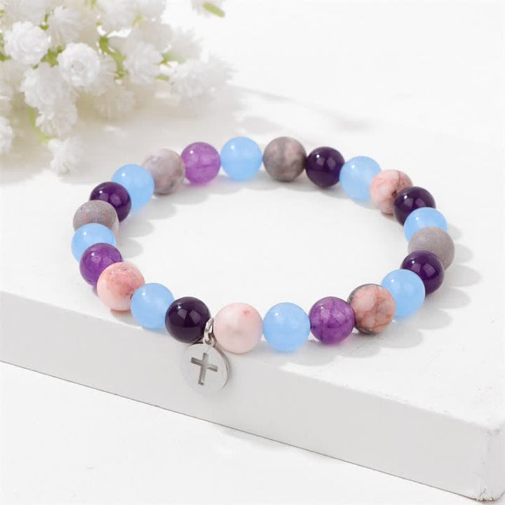 Pulsera con colgante de cruz de cuentas de piedra natural de 8 mm de Olivenorma
