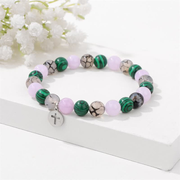 Pulsera con colgante de cruz de cuentas de piedra natural de 8 mm de Olivenorma