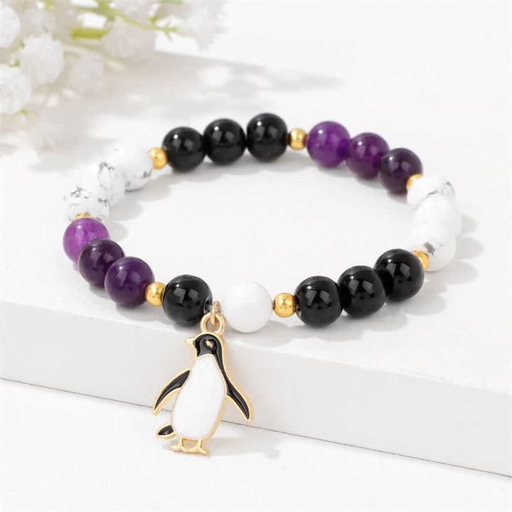 Pulsera con colgante de pingüino de dibujos animados con cuentas de piedra natural de 8 mm de Olivenorma 