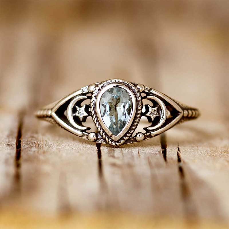 Olivenorma "Relaxing Calm" - Anillo de aguamarina con estrellas y luna