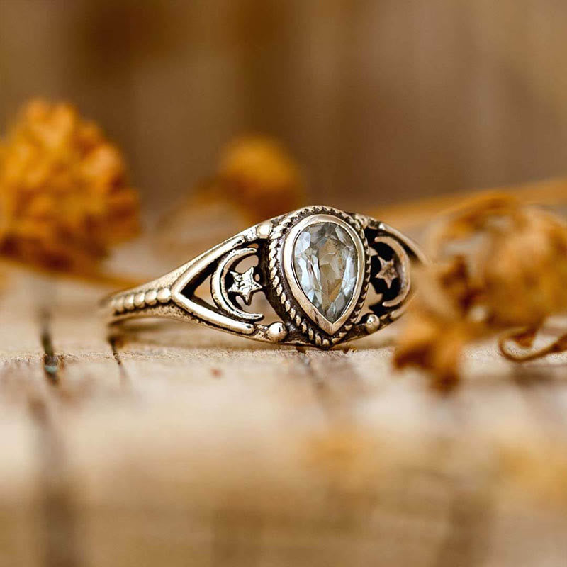 Olivenorma "Relaxing Calm" - Anillo de aguamarina con estrellas y luna