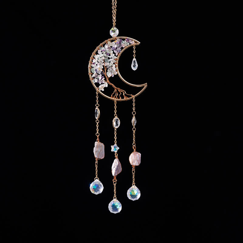 Colgante de luna con fluorita de Olivenorma, atrapasol y carillón de viento 