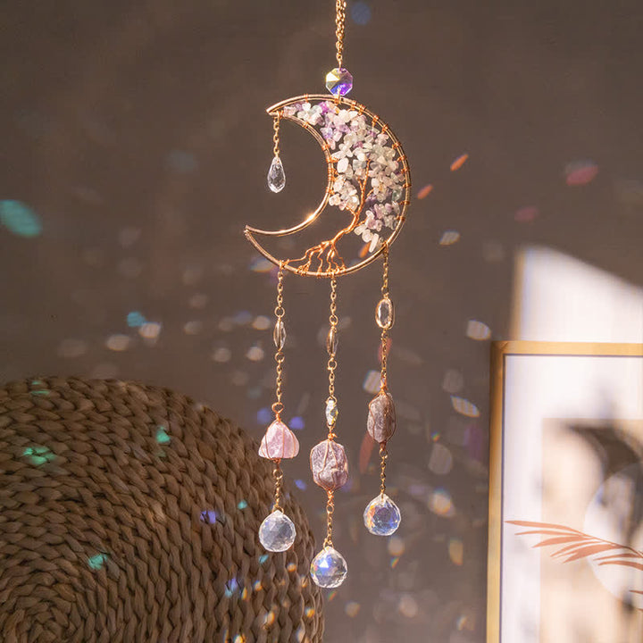 Colgante de luna con fluorita de Olivenorma, atrapasol y carillón de viento 