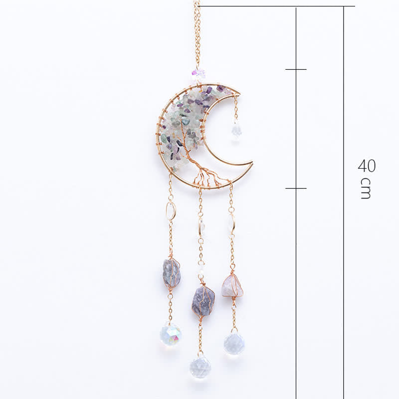Colgante de luna con fluorita de Olivenorma, atrapasol y carillón de viento 