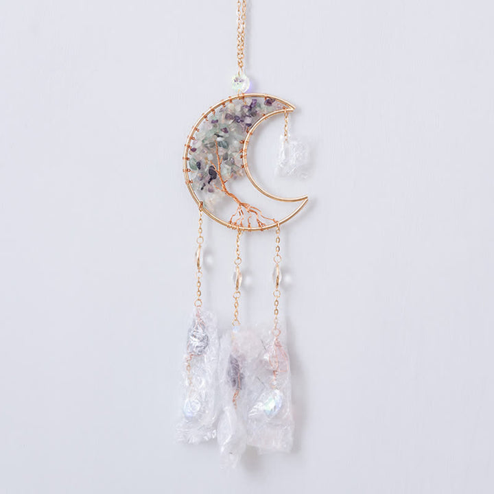 Colgante de luna con fluorita de Olivenorma, atrapasol y carillón de viento 