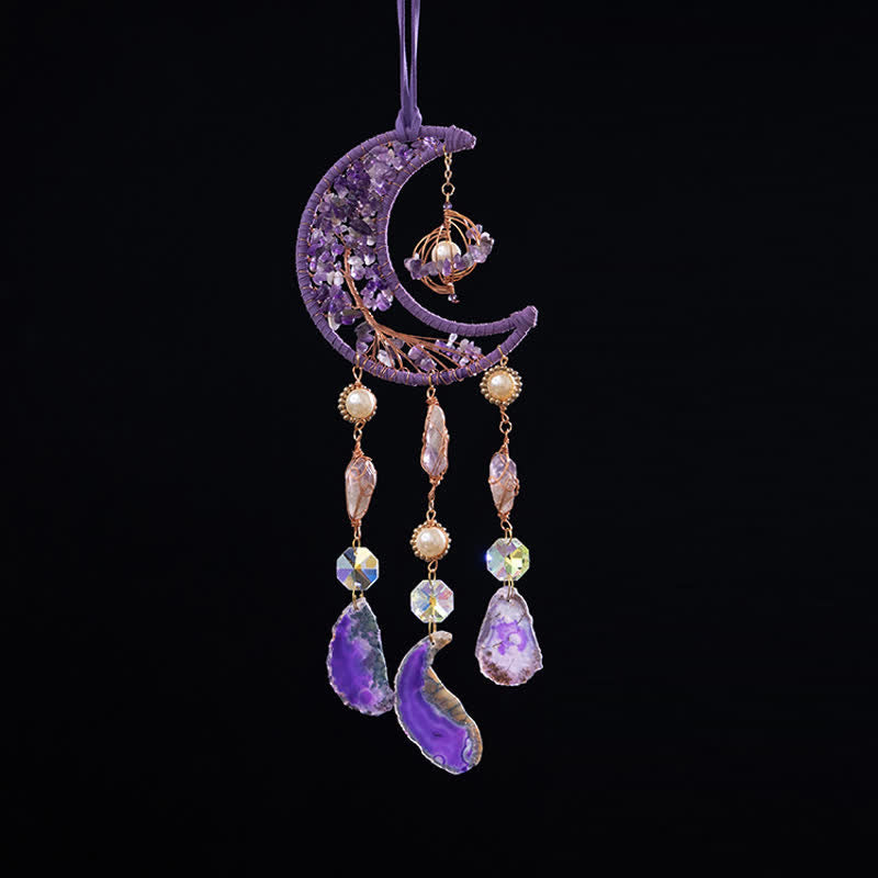 Colgante de carillón de viento con luna de ágata violeta y amatista de Olivenorma