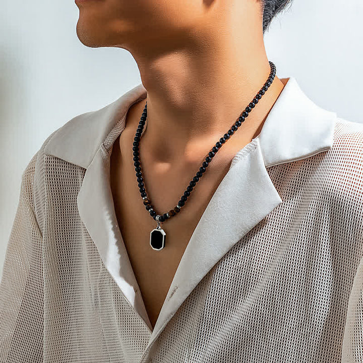 Collar para hombre con cuentas de piedra natural de ónix negro de Olivenorma