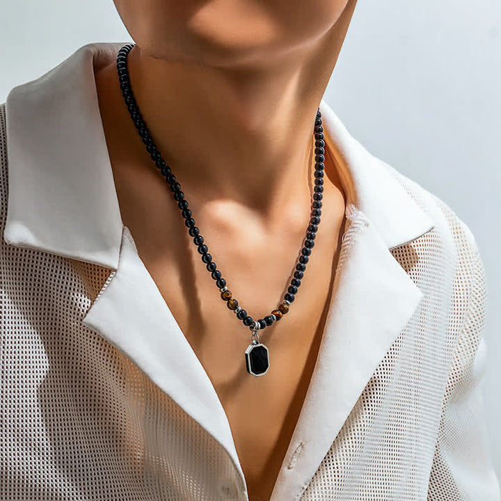 Collar para hombre con cuentas de piedra natural de ónix negro de Olivenorma