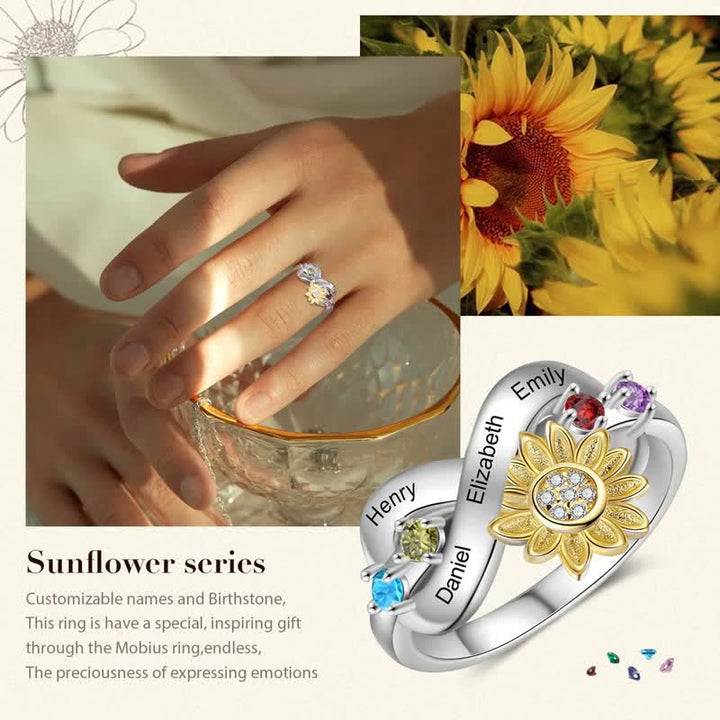 Anillo de flor de girasol con piedra natal grabada personalizada de Olivenorma