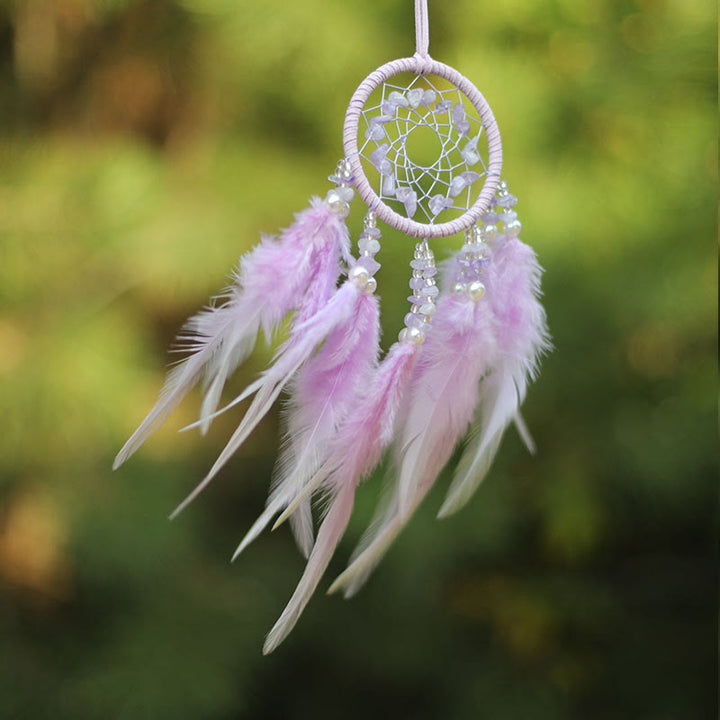 Adorno atrapasueños de plumas de amatista y cuarzo rosa natural de Olivenorma 