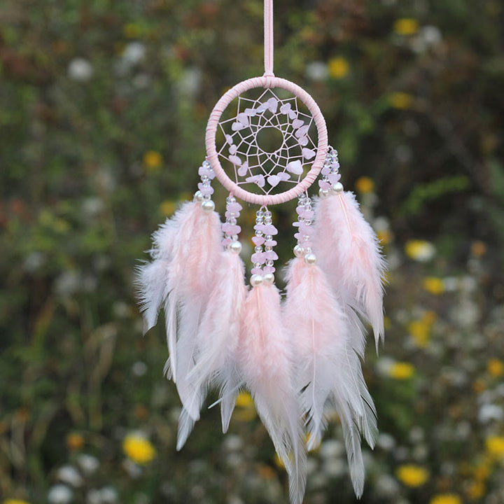 Adorno atrapasueños de plumas de amatista y cuarzo rosa natural de Olivenorma 