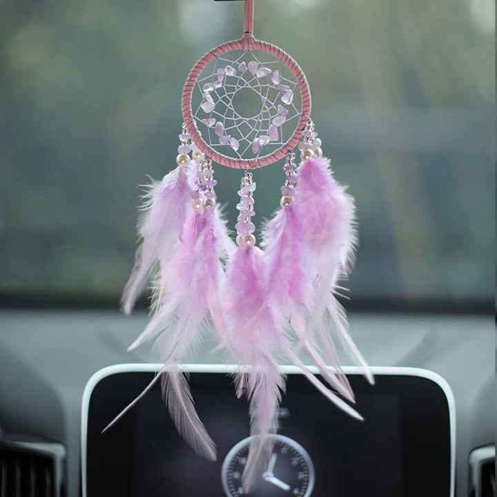 Adorno atrapasueños de plumas de amatista y cuarzo rosa natural de Olivenorma 
