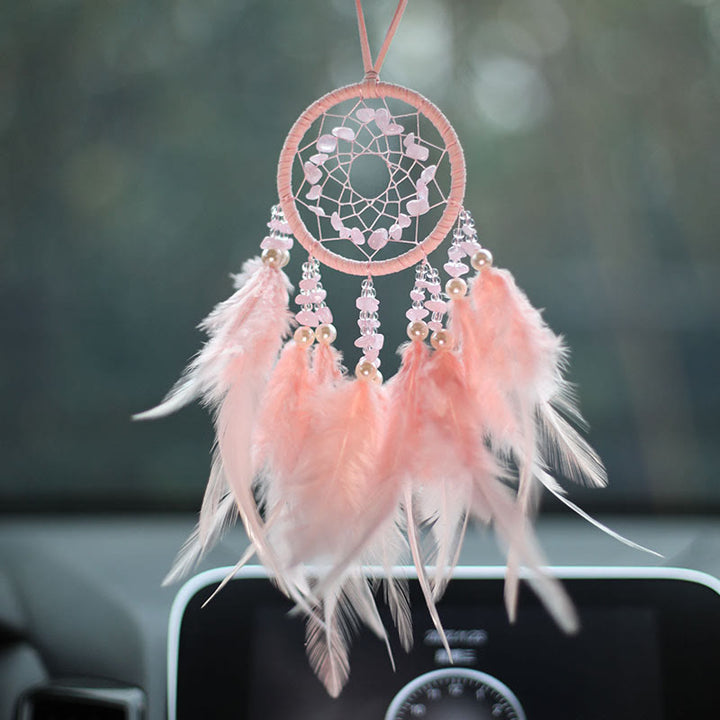 Adorno atrapasueños de plumas de amatista y cuarzo rosa natural de Olivenorma 