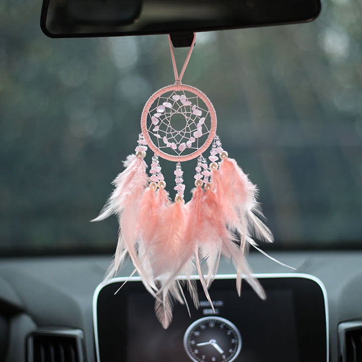Adorno atrapasueños de plumas de amatista y cuarzo rosa natural de Olivenorma 