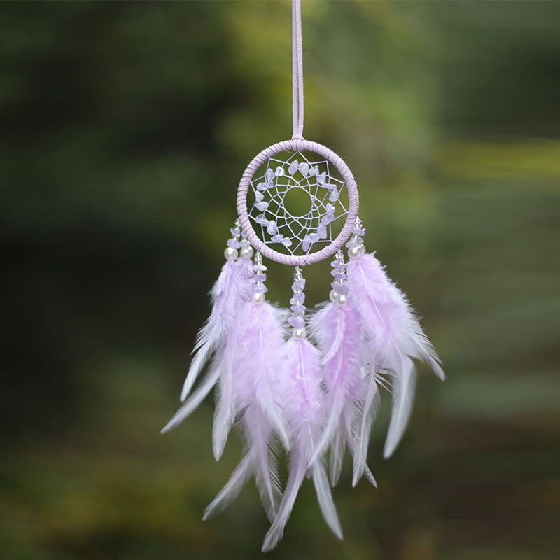 Adorno atrapasueños de plumas de amatista y cuarzo rosa natural de Olivenorma 