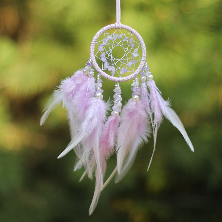 Adorno atrapasueños de plumas de amatista y cuarzo rosa natural de Olivenorma 