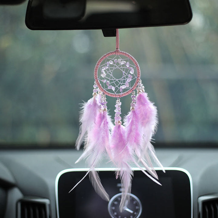 Adorno atrapasueños de plumas de amatista y cuarzo rosa natural de Olivenorma 