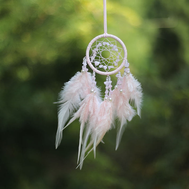 Adorno atrapasueños de plumas de amatista y cuarzo rosa natural de Olivenorma 