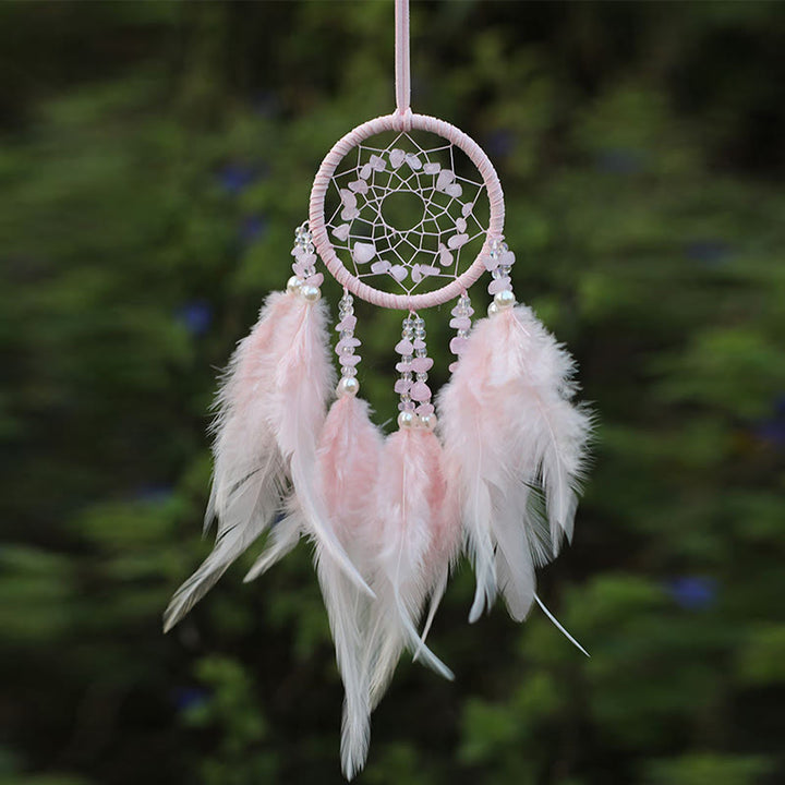 Adorno atrapasueños de plumas de amatista y cuarzo rosa natural de Olivenorma 
