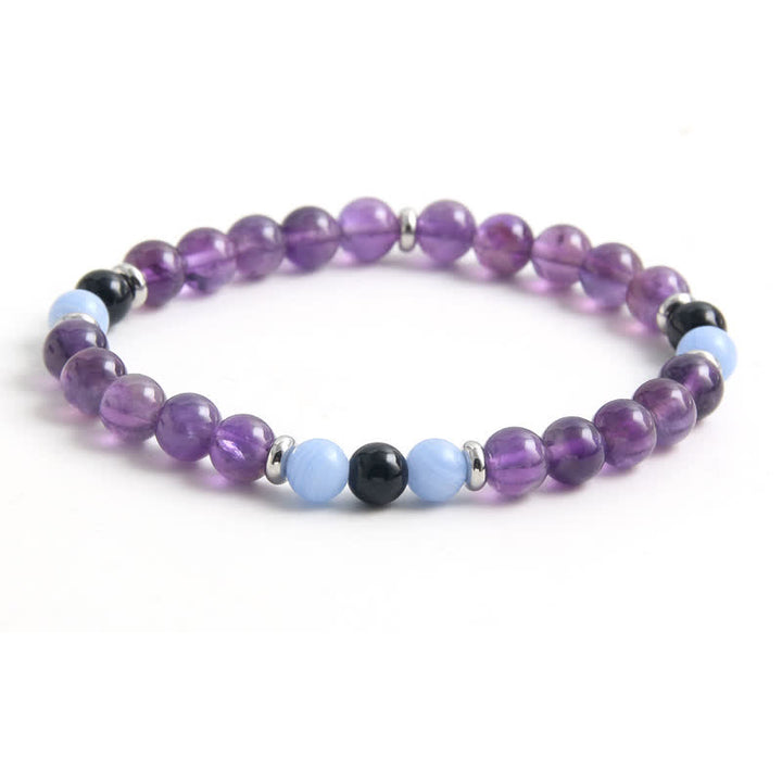 Pulsera de cuentas de calcedonia azul y amatista de Olivenorma