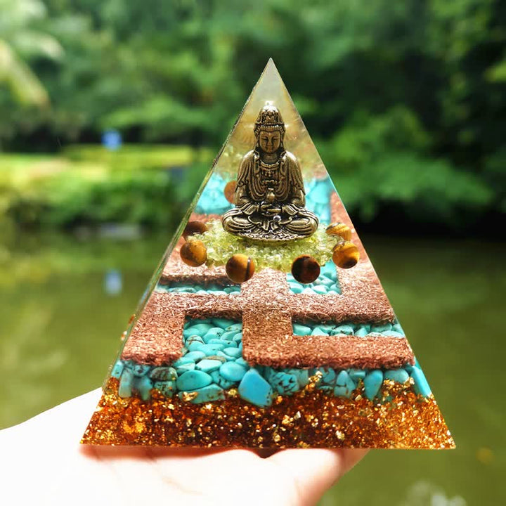 Pirámide de orgón de Buda con peridoto turquesa y ojo de tigre de Olivenorma