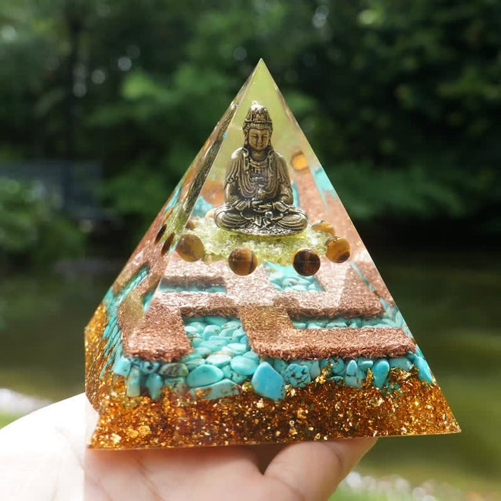Pirámide de orgón de Buda con peridoto turquesa y ojo de tigre de Olivenorma