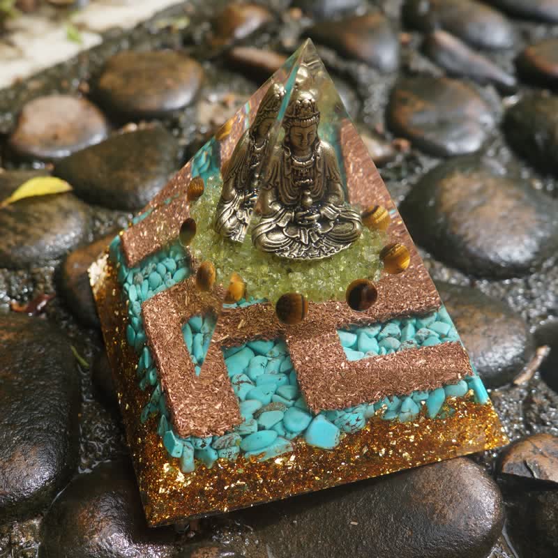 Pirámide de orgón de Buda con peridoto turquesa y ojo de tigre de Olivenorma