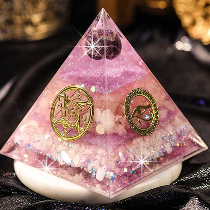 Pirámide de orgón de cuarzo rosa y amatista "Amor perfecto" de Olivenorma