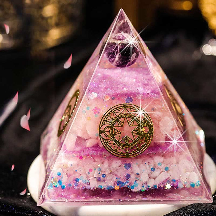 Pirámide de orgón de cuarzo rosa y amatista "Amor perfecto" de Olivenorma