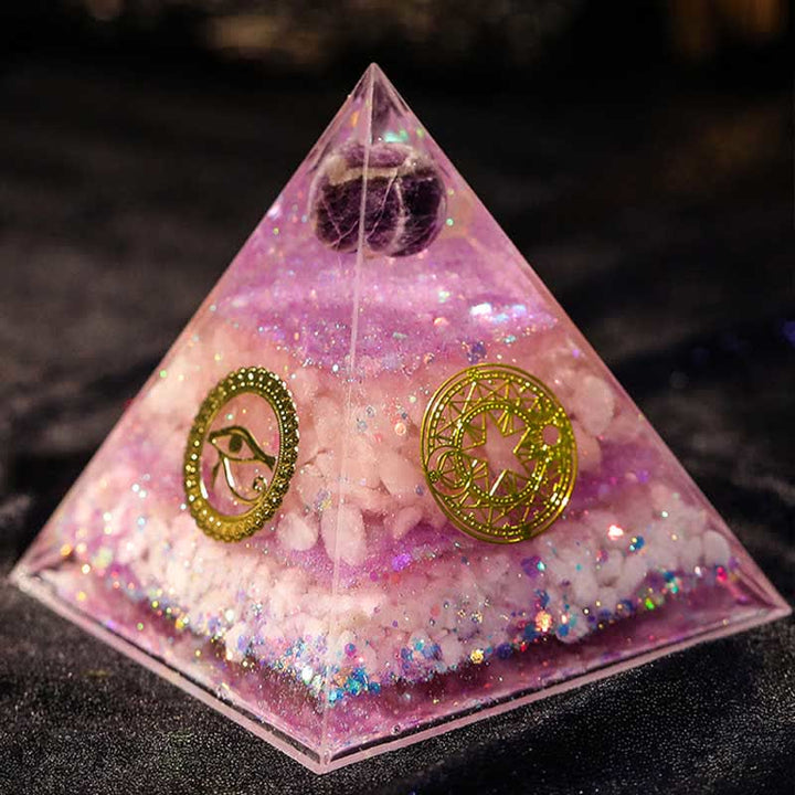 Pirámide de orgón de cuarzo rosa y amatista "Amor perfecto" de Olivenorma