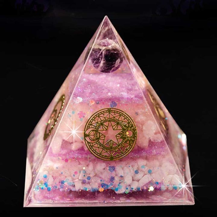 Pirámide de orgón de cuarzo rosa y amatista "Amor perfecto" de Olivenorma