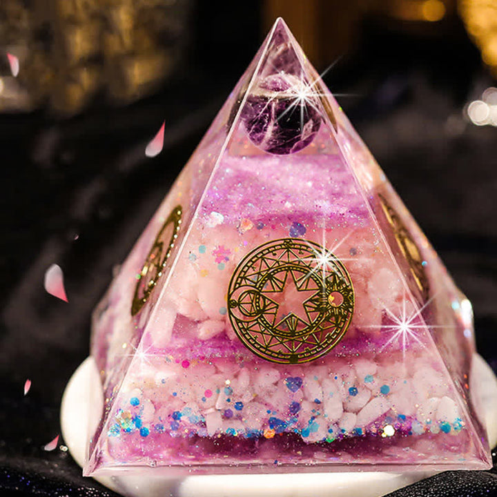 Pirámide de orgón de cuarzo rosa y amatista "Suerte en el amor" de Olivenorma